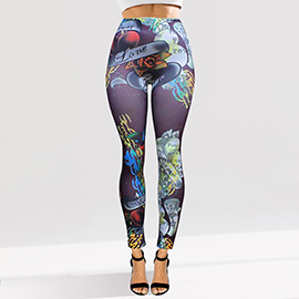 Tattoo Inspired Graphic Printed High Waisted Leggings