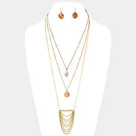 Triple Layer Hammered Metal Disc & Draped Chain Pendant Necklace