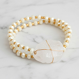 Raw quartz accented pearl strand wrap stretch bracelet