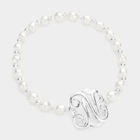 -N- Initial Monogram Charm Pearl Stretch Bracelet