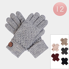 12PAIRS - Button Detail Fur Lining Tweed Knit Gloves