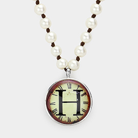 -H- Initial Monogram Pearl Beaded Watch Printed Long Necklace