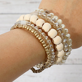 5PCS - Multi Strand Wood Beaded Stretch Bracelets