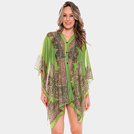 Button Detail Paisley Print V-neck  Cape Poncho
