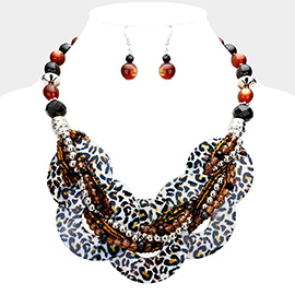 Chunky Leopard Pattern Resin Round Link Statement Necklace