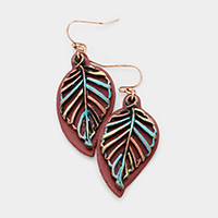 Leather Metal Leaf Dangle Earrings