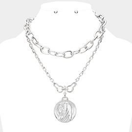 Layered Saint Mary Metal Pendant Necklace