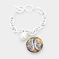 -H- Initial Monogram Pearl Charm Chain Link Bracelet