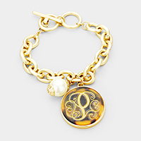 -P- Initial Monogram Pearl Charm Chain Link Bracelet