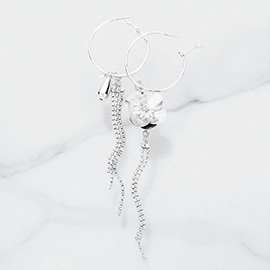 Metal Flower Rhinestone Pave Tassel Hoop Earrings