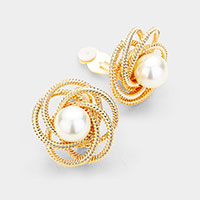 Pearl Center Floral Metal Clip On Earrings