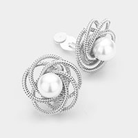 Pearl Center Floral Metal Clip On Earrings