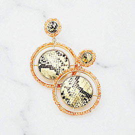 Textured Leather Round Bead Wrapped Hoop Dangle Earrings