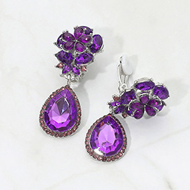 Flower Glass Crystal Teardrop Dangle Clip On Earrings