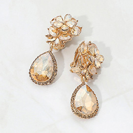 Flower Glass Crystal Teardrop Dangle Clip on Earrings