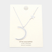 White Gold Dipped Cubic Zirconia Moon Star Pendant Necklace