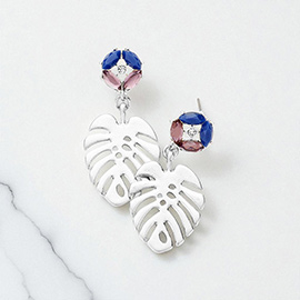 Crystal Marquise Metal Tropical Leaf Dangle Earrings