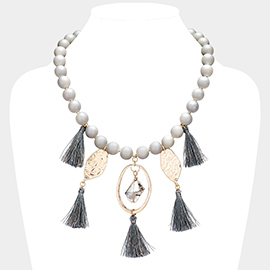 Beaded Abstract Metal Tassel Necklace