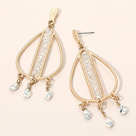 Cutout Metal Teardrop Triple Natural Stone Dangle Earrings