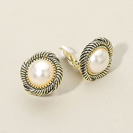 Metal Trim Pearl Clip On Earrings