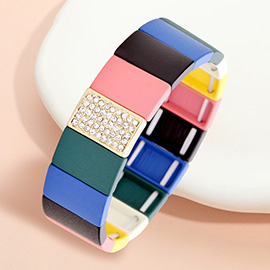 Colorful Wood Rectangle Rhinestone Pave Stretch Bracelet