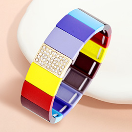 Colorful Wood Rectangle Rhinestone Pave Stretch Bracelet
