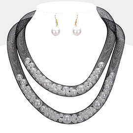 Double Mesh Tube Pearl Collar Necklace