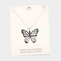 White Gold Dipped Textured Butterfly Pendant Necklace