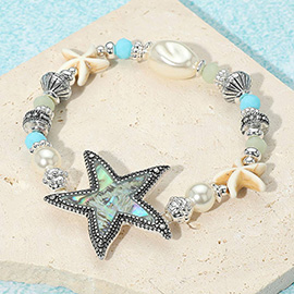 Abalone Antique Metal Starfish Pearl Beaded Stretch Bracelet