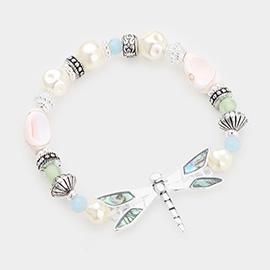 Abalone Antique Sliver Dragonfly Pearl Multi Beaded Stretch Bracelet