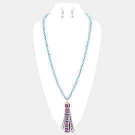 Serape Faux Leather Tassel Faceted Bead Long Necklace