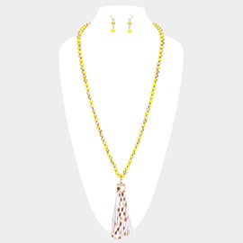 Faux Leather Tassel Faceted Bead Long Necklace