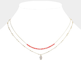Double Layered Brass Metal CZ Hamsa Hand Pendant Necklace