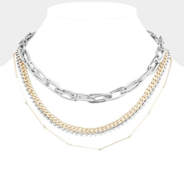 Layered Rhinestone Metal Chain Link Necklace