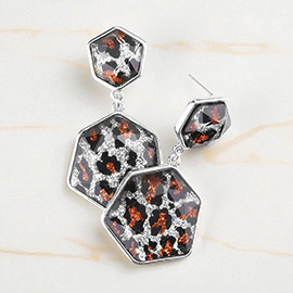 Glitter Leopard Double Hexagon Bead Link Earrings