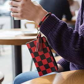 Faux Leather Checkered Pattern Tassel Keychain Bracelet Mini Pouch Bag