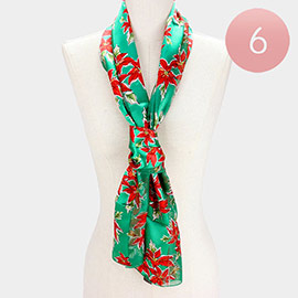 6PCS - Silk Feel Satin Striped Poinsettia Print Scarf
