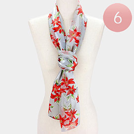 6PCS - Silk Feel Satin Striped Poinsettia Print Scarf