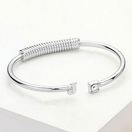 -J- Initial Monogram Brass Metal Round Stone Tip Cuff Bracelet