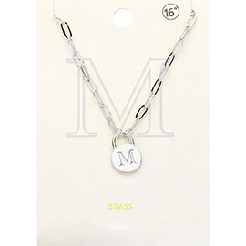 -M- Brass Metal Initial Monogram Lock Pendant Necklace
