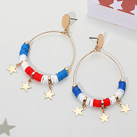 Triple Metal Star Accented Heishi Detail Open Metal Teardrop Dangle Earrings