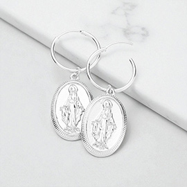 Metal Hoop Virgin Mary Accented Oval Dangle Earrings