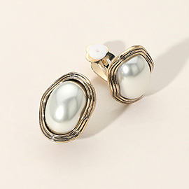 Pearl Centered Metal Oval Clip On Earrings