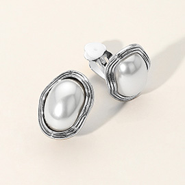 Pearl Centered Metal Oval Clip On Earrings
