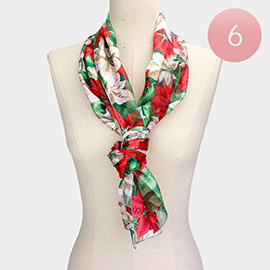 6PCS - Silk Feel Satin Striped Poinsettia Pattern Print Scarves