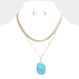 Natural Stone Pendant Double Layered Necklace