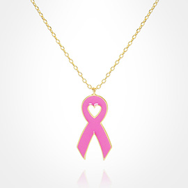 Gold Dipped Enamel Pink Ribbon Pendant Necklace