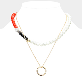 Open Metal Circle Pendant Pearl Shamballa Ball Faceted Beaded Necklace