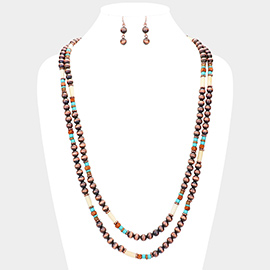 Burnished Metal Ball Wood Beaded Long Necklace