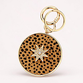 Cheetah Patterned Genuine Leather Calf Round Keychain / Bag Charm